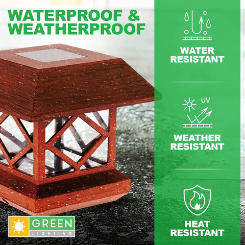 Outdoor Solar Post Cap Lights For 4x4 Wood Posts Brushed Copper Finish, showing waterproof features and decorative design.