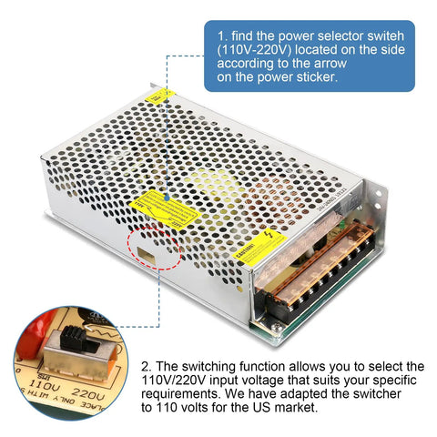 24V 10A Switching Power Supply 240W AC to DC for LED Strip Lights, Adjustable 110V 220V Input, Safe High Efficiency DC Output, Ideal for Home, Office, and DIY Projects, silver metal case with 110V/220V switch