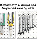 Stainless Steel Pegboard Hooks 50-Pack 1 Inch Long Will Not Fall Out Universal Fit For Any Pegboard Organize Tools Garage Kitchen Crafts Jewelry Retail Displays holding tools