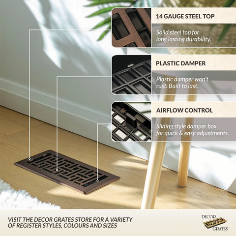 Dope 4x10 Floor Vent Cover With Adjustable Damper Lever In Rubbed Bronze installed on wood floor, showing airflow control features