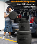 Superior Grade Five Piece Padded Drum Case Set Featuring Hella Heavy Duty Construction For 22 Inch Kick, stacked drum cases in vehicle.