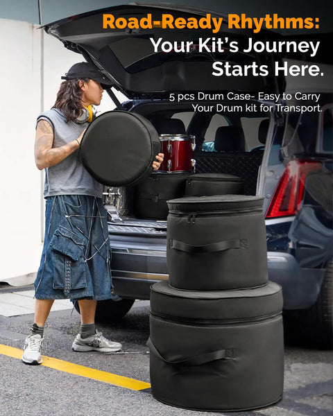 Superior Grade Five Piece Padded Drum Case Set Featuring Hella Heavy Duty Construction For 22 Inch Kick, stacked drum cases in vehicle.