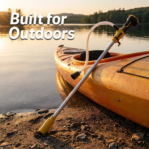 Compact Cordless Stick Water Transfer Pump For Outdoor Tank Draining And Emergency Fluid Removal near a kayak by water.