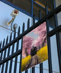 Vintage Steam Train Tin Plaque Sign 12X16 Inch With Cherry Blossom Tunnel And Yellow Wildflowers on a fence outdoors