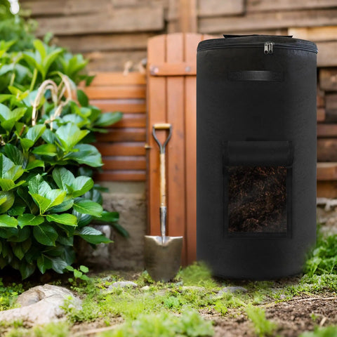 34 Gallon Outdoor Compost Bin With Handles And Observation Windows, Thickened Breathable Foldable Design in garden setting