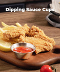 12 Pack One And A Half Ounce Stainless Steel Dipping Sauce Cups Reusable Metal Ramekins with fried chicken and ketchup