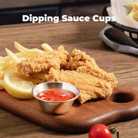 12 Pack One And A Half Ounce Stainless Steel Dipping Sauce Cups Reusable Metal Ramekins with fried chicken and ketchup