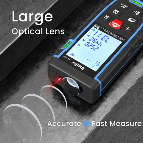 165 Feet Laser Distance Meter With Pythagorean Mode For Quick No Fuss Measurements Of Distance Area And Volume IP54 Dust And Water Resistant Two Bubble Levels Large Backlit LCD Display For Easy Readouts, front view