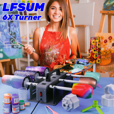 Person using Six Cup Tumbler Turner For Crafts Two Way Spinner Machine Kit with DIY Glitter Epoxy Resin Tumblers.