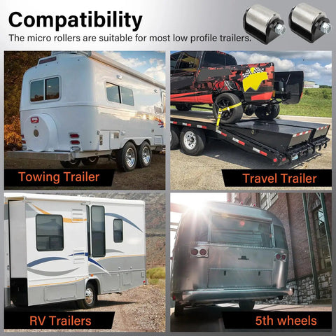 Compatibility chart for heavy duty weld on steel micro rollers for RV trailers and motorhomes 2 inch ball bearing design.