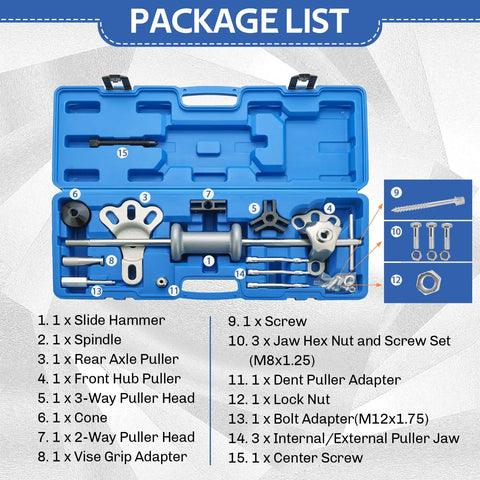 9-Way Slide Hammer Puller Set, 19-Piece Wheel Hub Bearing Remover And Dent Shaft Gear Puller Tool Kit With Portable Case contents