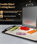 Matiks 16×11 in double-sided cutting board; stainless steel surface with wheat straw material, dishwasher safe.