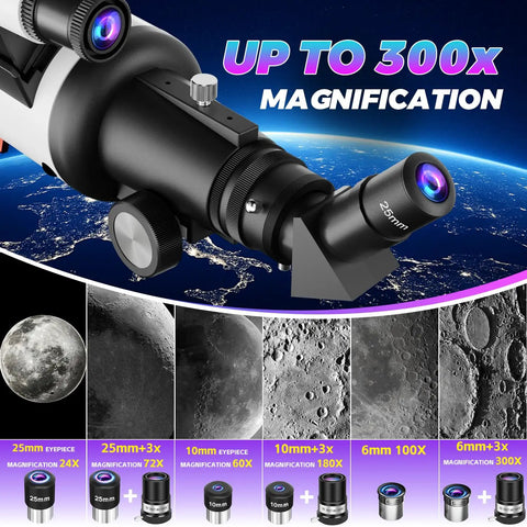 Close-up of Beginner Friendly 90mm Refractor Telescope for Adults with eyepieces and Moon views, magnification chart displayed.