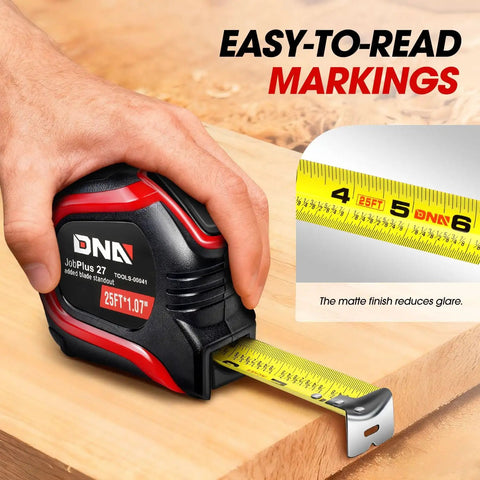 Close-up of a contractor grade tape measure with easy-to-read red markings on yellow tape, emphasizing reading clarity and matte finish.