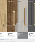 Four Champagne Bronze cabinet pulls on different wood finishes showing various sizes, including 5-1/16 in center-to-center mounting.