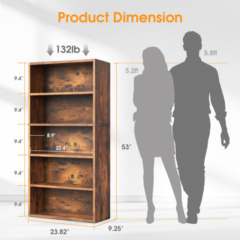 Straight Up Sturdy Five Tier Bookshelf Featuring Roomy Open Shelves For Prime Display And Zero Clutter Storage Plus High Quality Dope Living Room Decor Accents dimensions shown with height 53" and width 23.82".