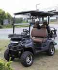 45 Mile Long Range 60V Electric Golf Cart 4 Seater 800 Pounds Capacity with premium leather seats on grass.