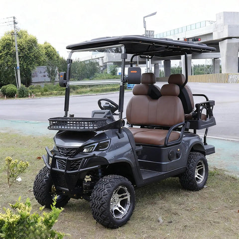 45 Mile Long Range 60V Electric Golf Cart 4 Seater 800 Pounds Capacity with premium leather seats on grass.