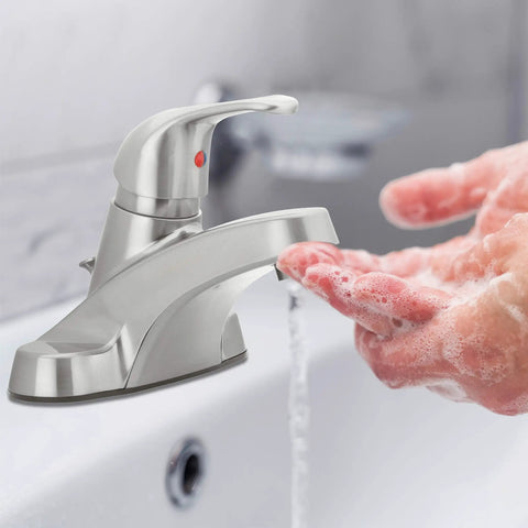 WaterSense Certified Brushed Nickel Single-Handle Bathroom Sink Faucet With Sleek Modern Look in use, soap lather on hands