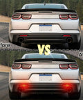Comparison of LED rear bumper reflector light before and after installation on Chevy Camaro with smoked lens