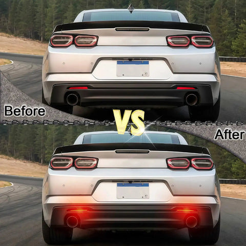 Comparison of LED rear bumper reflector light before and after installation on Chevy Camaro with smoked lens