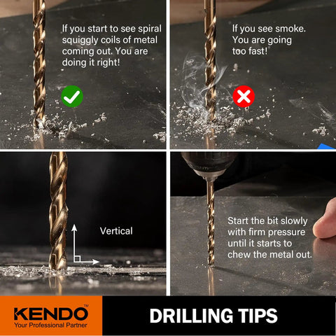 Side by side images showing drilling technique with proper and improper methods for metal using a spiral drill bit. Text on image provides tips.