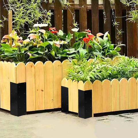 Heavy Duty Raised Garden Bed Corner Brackets For 12 To 24 Inch Beds Screws Included 11 By 3 By 3 Inches Black Powder Coated Steel Outdoor Ready Durable Corner Brackets For Wood Garden Boxes installed on wooden planter
