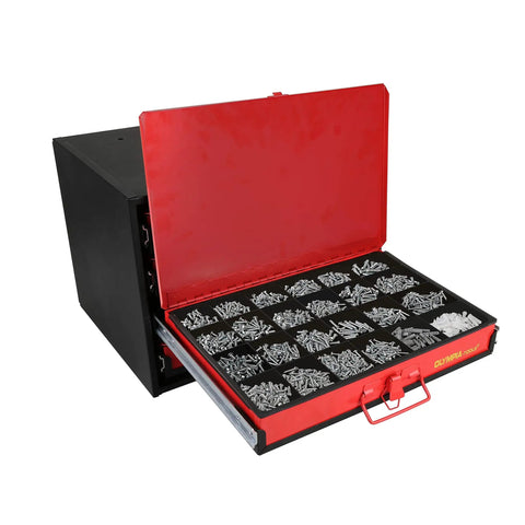 Heavy Duty Four Drawer Hardware Organizer With 2500 Piece Small Parts Kit Steel Cabinet With Removable Inside Trays Black And Red