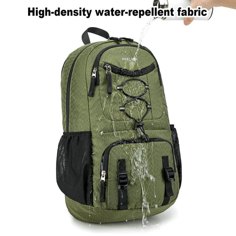 Lightweight 35L Foldable Hiking Backpack for men and women, water being poured on waterproof green daypack for travel and camping