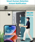 Solar Powered Wireless Outdoor Security Camera with spotlight showing human detection notification on smartphone.