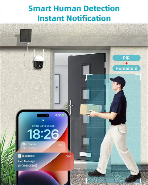 Solar Powered Wireless Outdoor Security Camera with spotlight showing human detection notification on smartphone.
