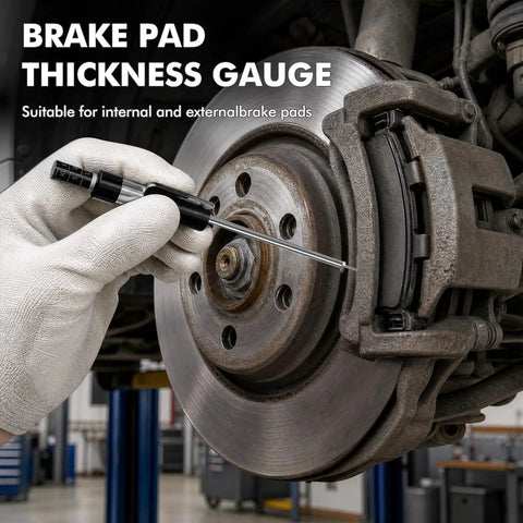 Stainless Steel Brake Pad Thickness Gauge Pen Style Brake Measure Tool No Hassle Wear Check For Garage Crews And Home Mechanics Quick Calibrated Scale Direct Measurement in use on brake rotors.