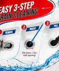 Easy 3-step drain cleaning guide showing how to use the Heavy Duty Shower Unclogging Tool for hair removal.