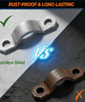Comparison of stainless steel vs corroded U-joint strap, highlighting durability for GM 3R series, fits Chevy, GMC, Cadillac