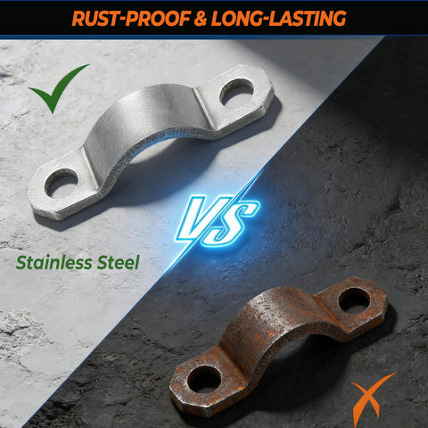 Comparison of stainless steel vs corroded U-joint strap, highlighting durability for GM 3R series, fits Chevy, GMC, Cadillac