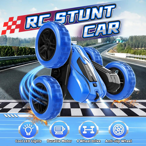 Double Sided 360 Degree RC Stunt Car With 4WD Power 2.4GHz Remote Control, shown performing a flip on a racing track
