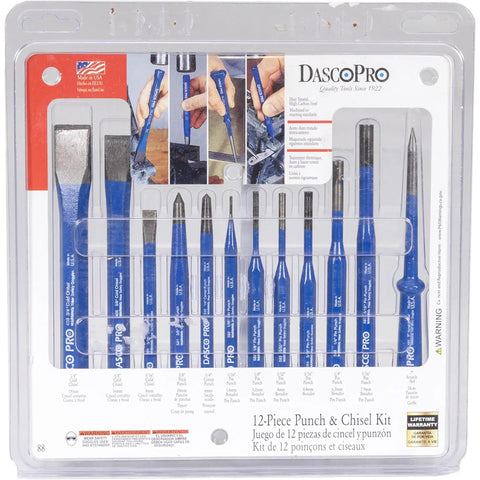 12 Piece Punch And Chisel Kit For Metalworking A Real Workhorse with various tools in packaging, shown in blue.