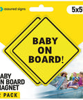 Baby On Board Car Magnet Sign 2 Pack 5x5 Inches Bright Yellow Reflective Safety Sticker on packaging