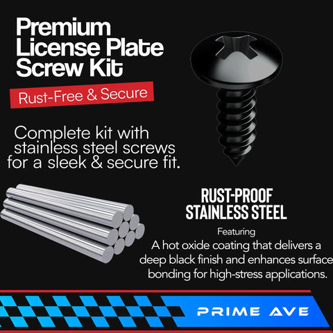 Heavy Duty Black Oxide Stainless Steel License Plate Screws Lock Plates Flat With Zero Rattlin Nonsense For A Slick Front Rear Look On Every Ride Quick Install Pack Of Eight showing black oxide screws and stainless steel rods.