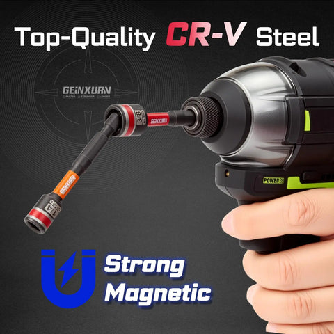 Close-up of a hand holding a power driver with a magnetic locking bit holder and CR-V steel bit for strong magnetic force.