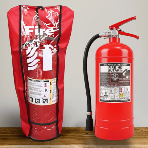 Large Fire Extinguisher Cover Pack Of 6 Heavy Duty Dustproof Scratch Resistant shown with red extinguisher