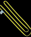 Flat lay of endless polyester lifting sling, 1 in by 6 ft, 1-ply, bright yellow with looped ends and tag