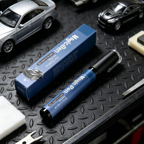 Scratch Repair Pen For Cars And More, Waterproof 5ml Quick Fix beside packaging on workshop bench with model cars