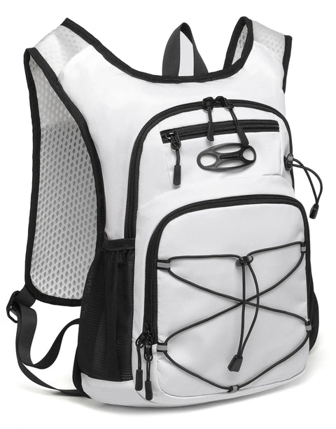Front view of white Lightweight Hydration Backpack With 2L Or 3L Water Bladder For Cycling, Hiking, Rave And Day Trips, Durable Outdoor Gear