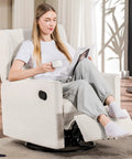 Woman relaxing in Comfy Teddy Upholstered Nursery Rocking Chair With Swivel Rocker Recliner And Manual Glider For Living Room Bedroom Or Office Beige Fabric Soft Plush Comfort