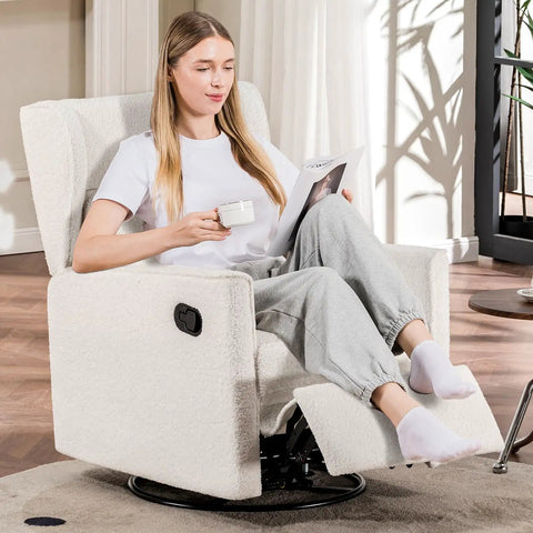Woman relaxing in Comfy Teddy Upholstered Nursery Rocking Chair With Swivel Rocker Recliner And Manual Glider For Living Room Bedroom Or Office Beige Fabric Soft Plush Comfort