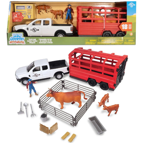 Totally Realistic Ranch Truck Playset With Lights And Sounds Cattle Trailer 18 Piece Farm Toy Set Articulated Animals Rancher Figure