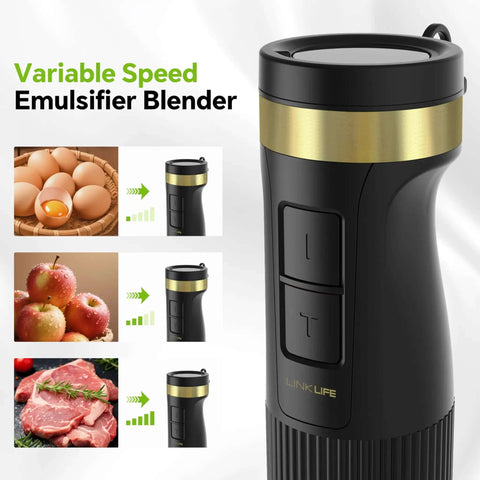 Kitchen Beast 1200W Handheld Immersion Blender Kit With Five Must Have Attachments For Quick Soup Blending Smoothie Creation And Baby Food Preparation Featuring No Sweat Speed Control, showing variable speed control and blender design.
