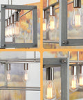 Close-up of Bariston 34 Inch 5 Light Farmhouse Kitchen Island Light with brushed nickel frame and washed oak wood accents.