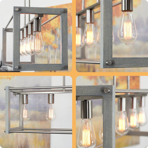 Close-up of Bariston 34 Inch 5 Light Farmhouse Kitchen Island Light with brushed nickel frame and washed oak wood accents.